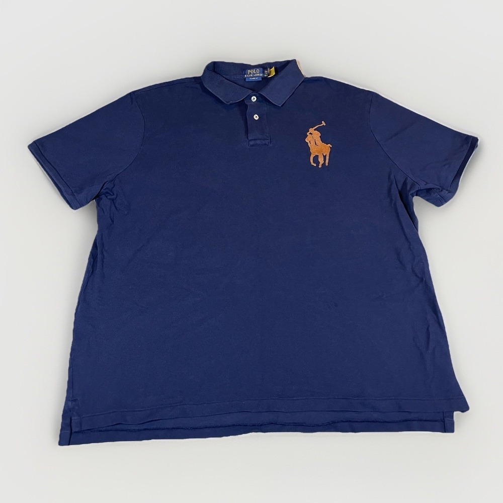 Polo Ralph Lauren Classic Fit Leather Big Pony Mesh Polo Shirt Men XXL Navy Blue
